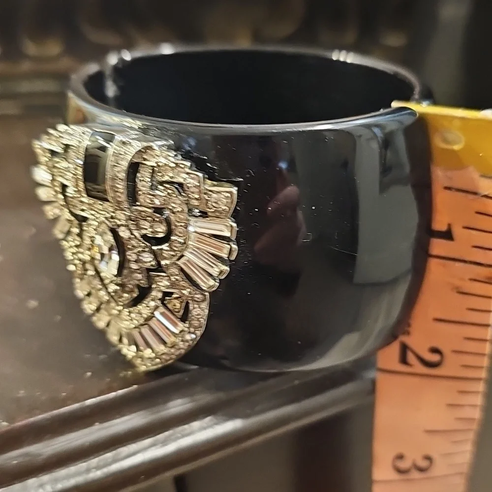 Kenneth Jay Lane Art Deco-Style Wide Cuff Braclet, Enamel & Rhinestone Medallion - Picture 4 of 15